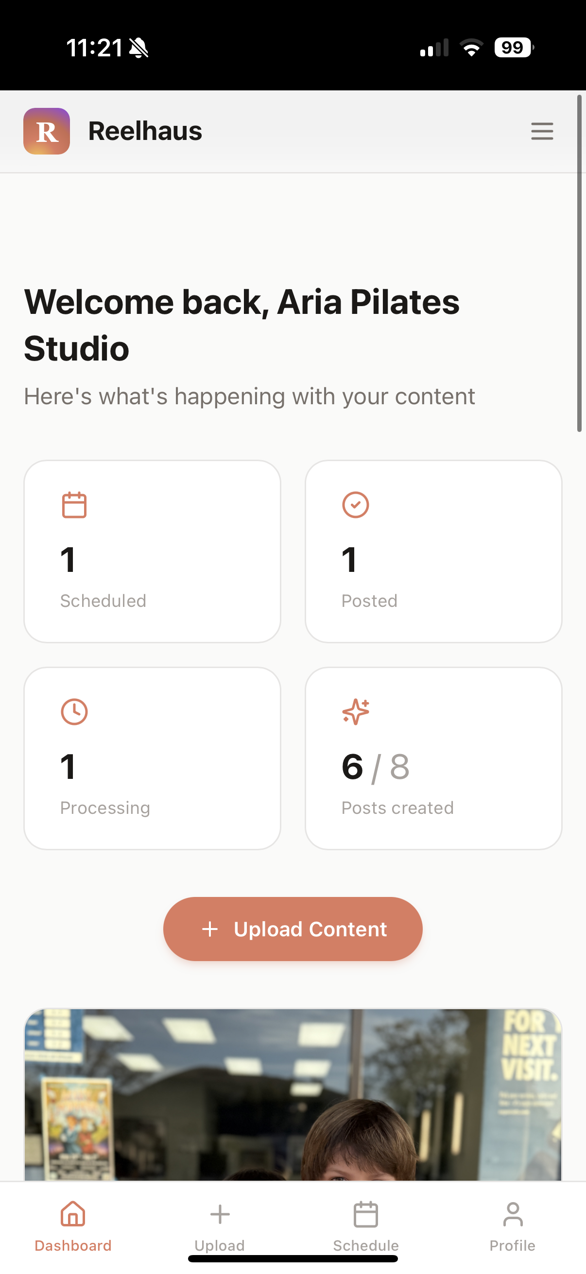 Reelhaus — dashboard with live activity stats