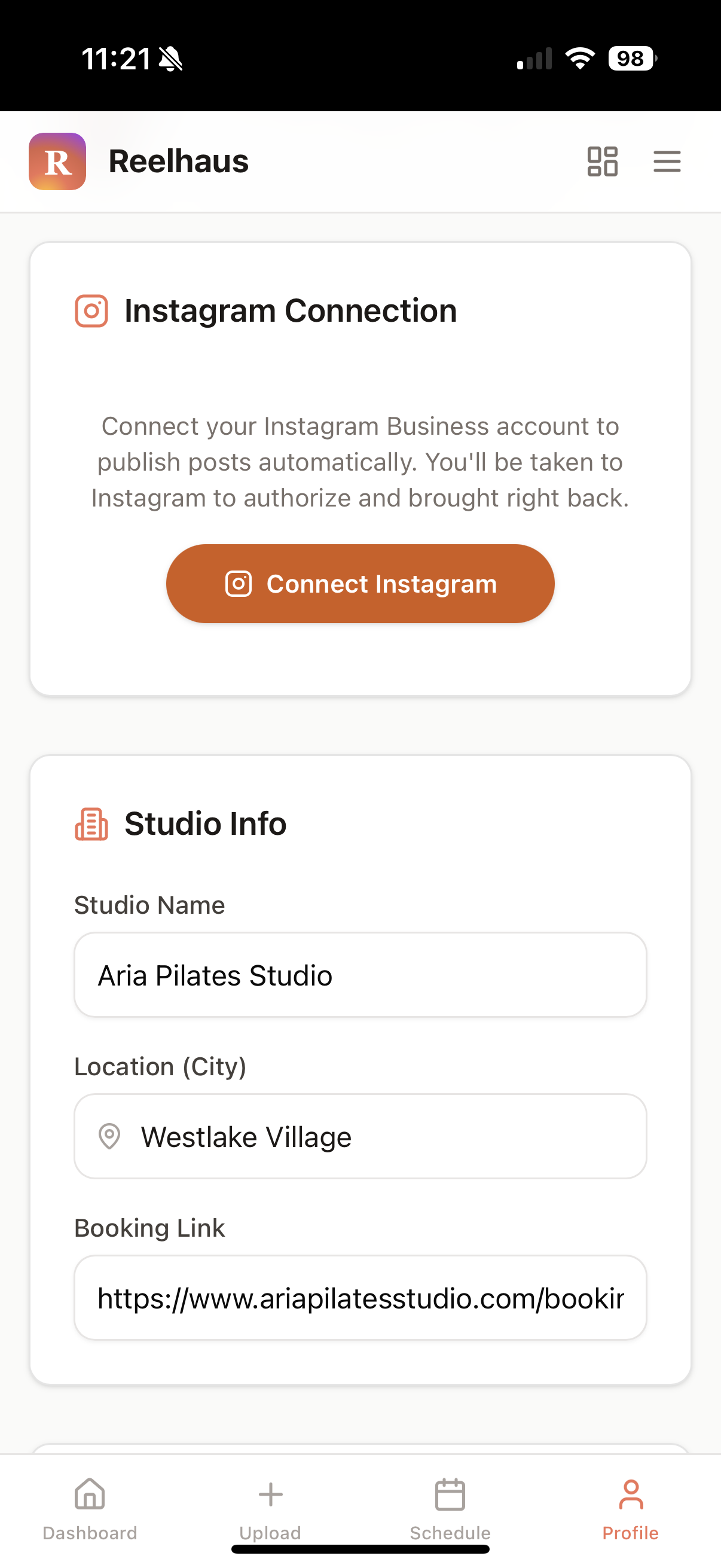 Reelhaus — studio profile and Instagram connection