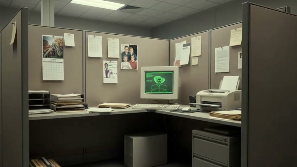 AI music video — cubicle environment