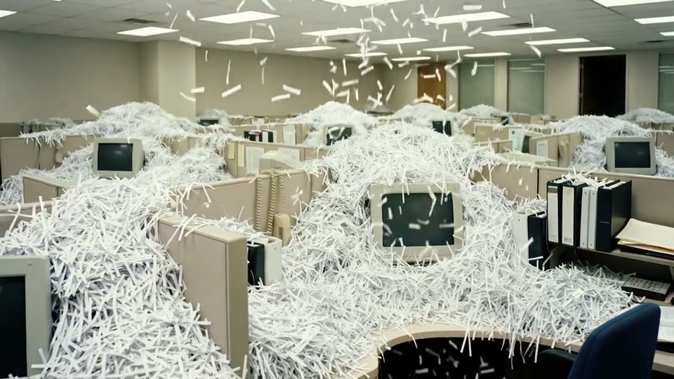 AI music video — office buried in shredded paper